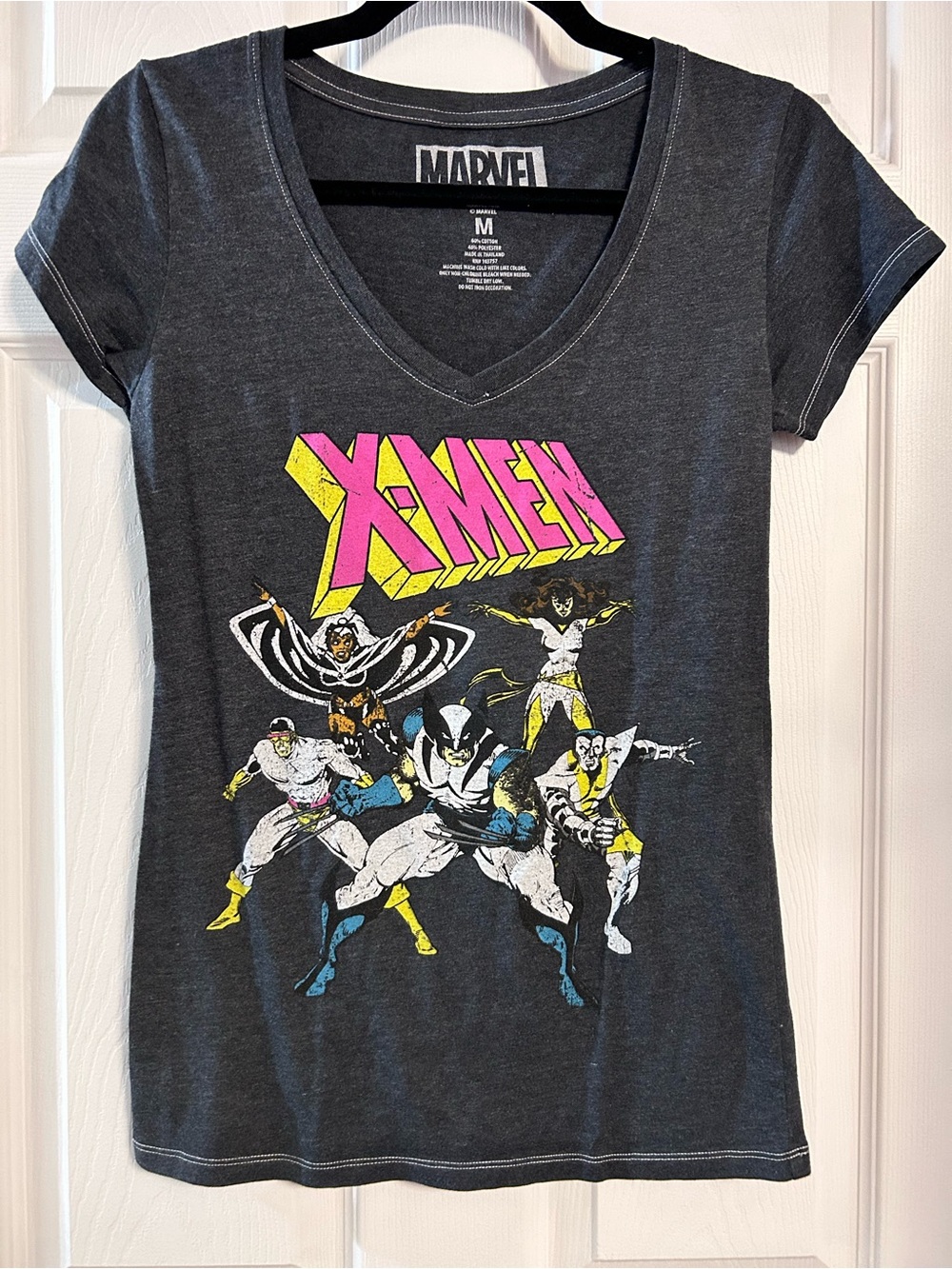 Marvel X-Men Graphic V-Neck Tee - Charcoal with Pink & Yellow Logo